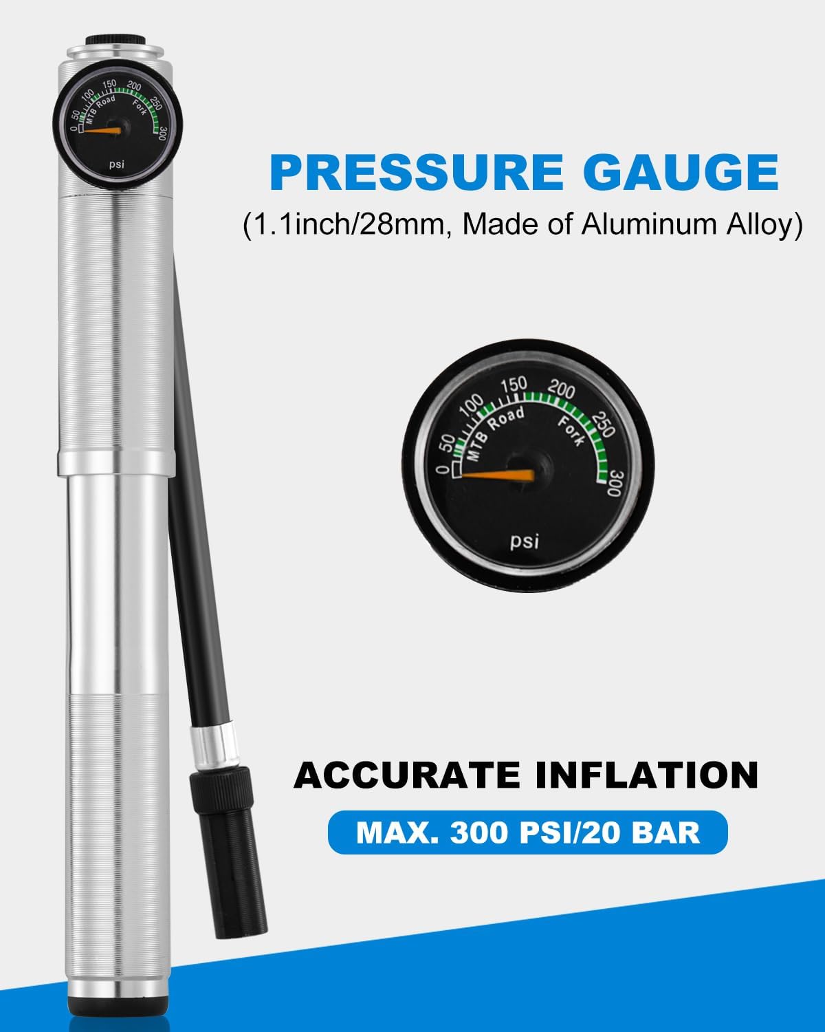 Julai Mini Bike Pump with Gauge, Portable Frame Pump, 300 PSI