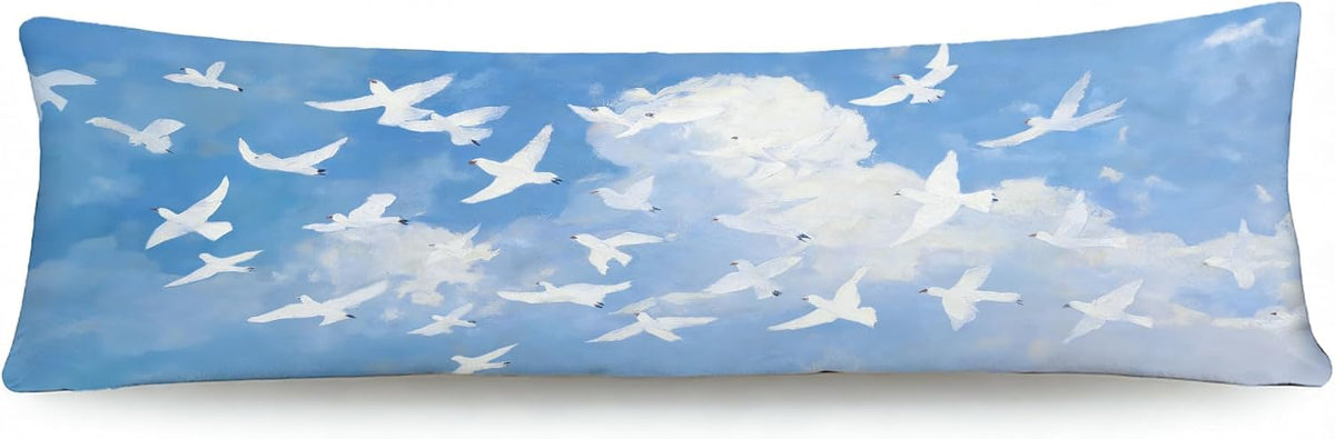 Blue Sky White Doves Pigeon 20x54 Body Pillow Cover, Pigeon Gifts for Women, Peaceful Flying Birds Long Body Pillowcase with Zipper for Bed Couch