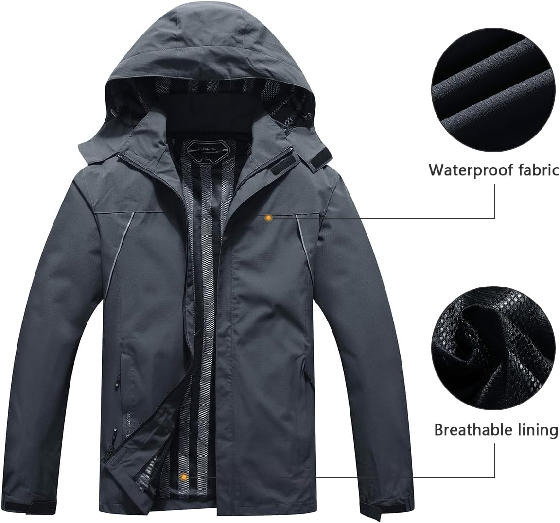 Outdoor Men's Waterproof Raincoat Windbreaker Lightweight Rain Jacket with Detachable Hood