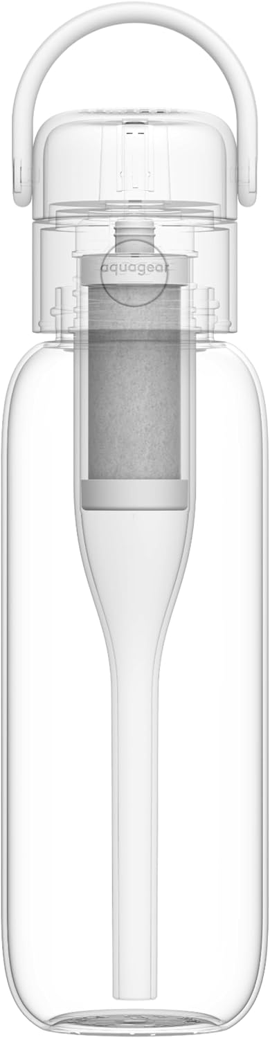 Aquagear Water Filter Bottle BPA-Free, 22oz Capacity, Removes Chlorine, PFOA/PFOS Forever Chemicals, 40 Gallon Filter Life, White