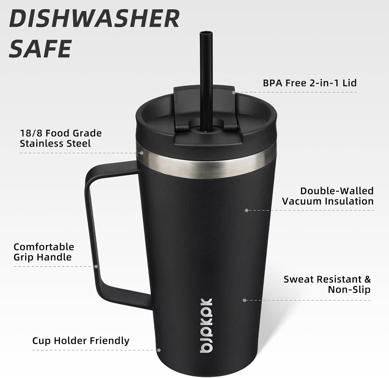 BJPKPK 18oz Insulated Tumbler with Handle, Lid & Straw, Stainless Steel