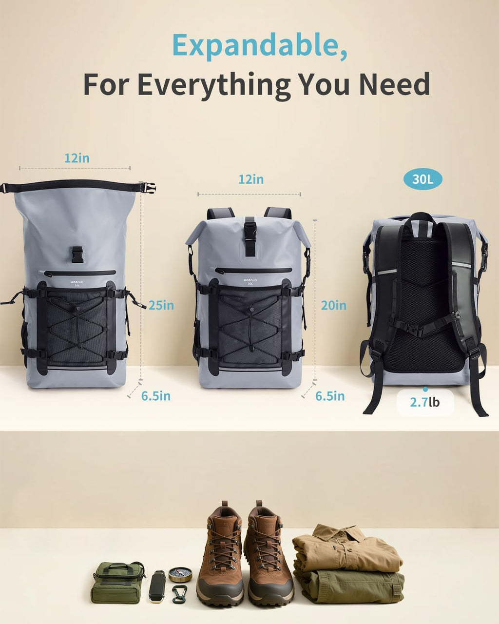 ECOHUB Waterproof Backpack, 30L Roll-Top Closure Heavy Duty Dry Bag