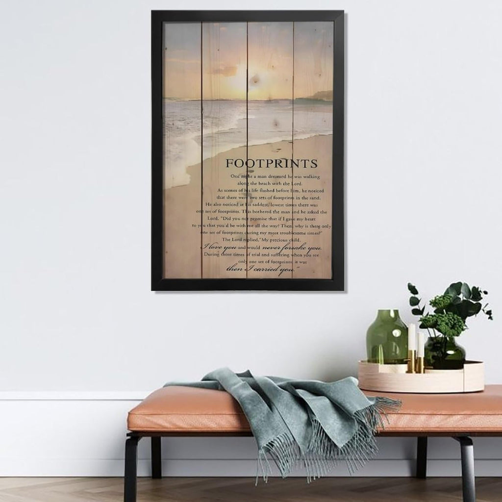 Footprints in the Sand Religious Canvas Wall Art Posters, Inspirational Beach Sunset Poem Print Poster (Black Framed 16x24inch, Footprints(1))