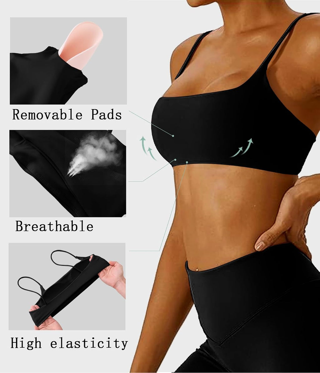 Comper Women's Sports Bra with Thin Straps Stretchy Wirefree Workout Bras Lightweight Workouts Bralette with Removable Pads