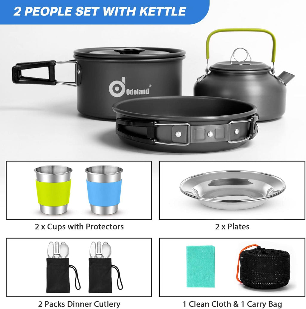 Odoland 15pcs Camping Cookware Mess Kit, Lightweight Pot Pan Kettle Set