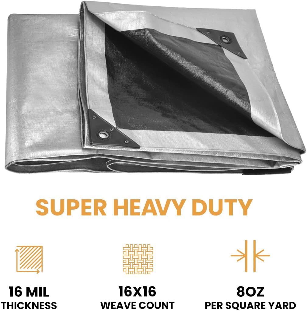 WHITEDUCK Super Heavy Duty Poly Tarp Cover 16 Mil with Grommets and Reinforced Edges (Silver Black- 16 Mil, 10' x 10')