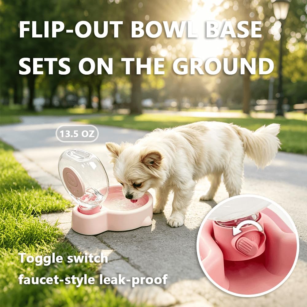 2-in-1 Crossbody Portable Dog Water Bottle with Foldable Bowl Base, 13.5oz, Adjustable Water Flow, Ideal for Small & Medium Dogs on Daily Walks and Pet Trips （Pink）