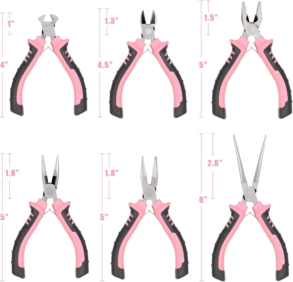COMOWARE 6-Piece Mini Pliers Set, Needle Nose, Long Nose, Bent Nose, Diagonal, End Cutting and Linesman, for Crafts Work, Electronic Repair, with Pink Pouch