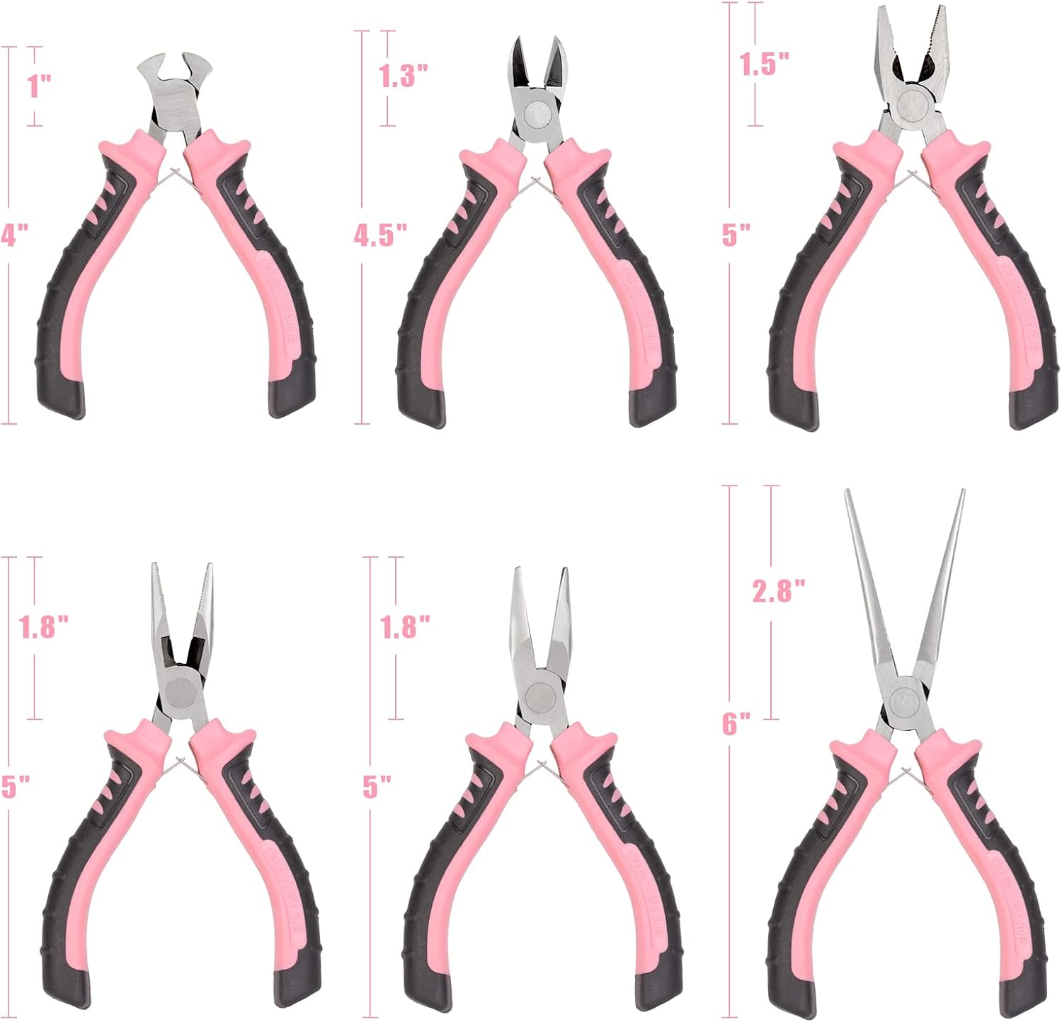 COMOWARE 6-Piece Mini Pliers Set, Needle Nose, Long Nose, Bent Nose, Diagonal, End Cutting and Linesman, for Crafts Work, Electronic Repair, with Pink Pouch