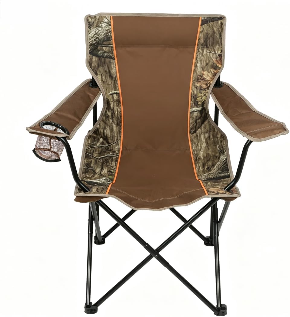 Camouflage Padded Quad Folding Camping Chair for Adults, Soft Arm Outdoor Lawn Chair with Cup Holder & Carry Bag for Fishing Tailgating Beach Picnic