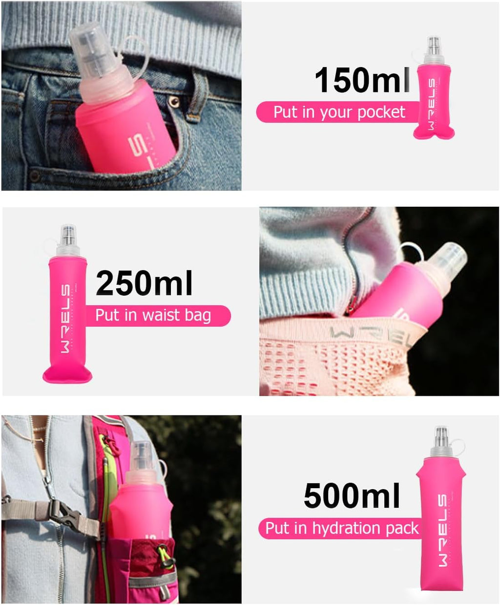 WRELS TPU Soft Flask Lightweight Portable Reusable Water Bottle,BPA Free Collapsible Flask for Hydration Pack in Running Hiking Cycling and Marathon