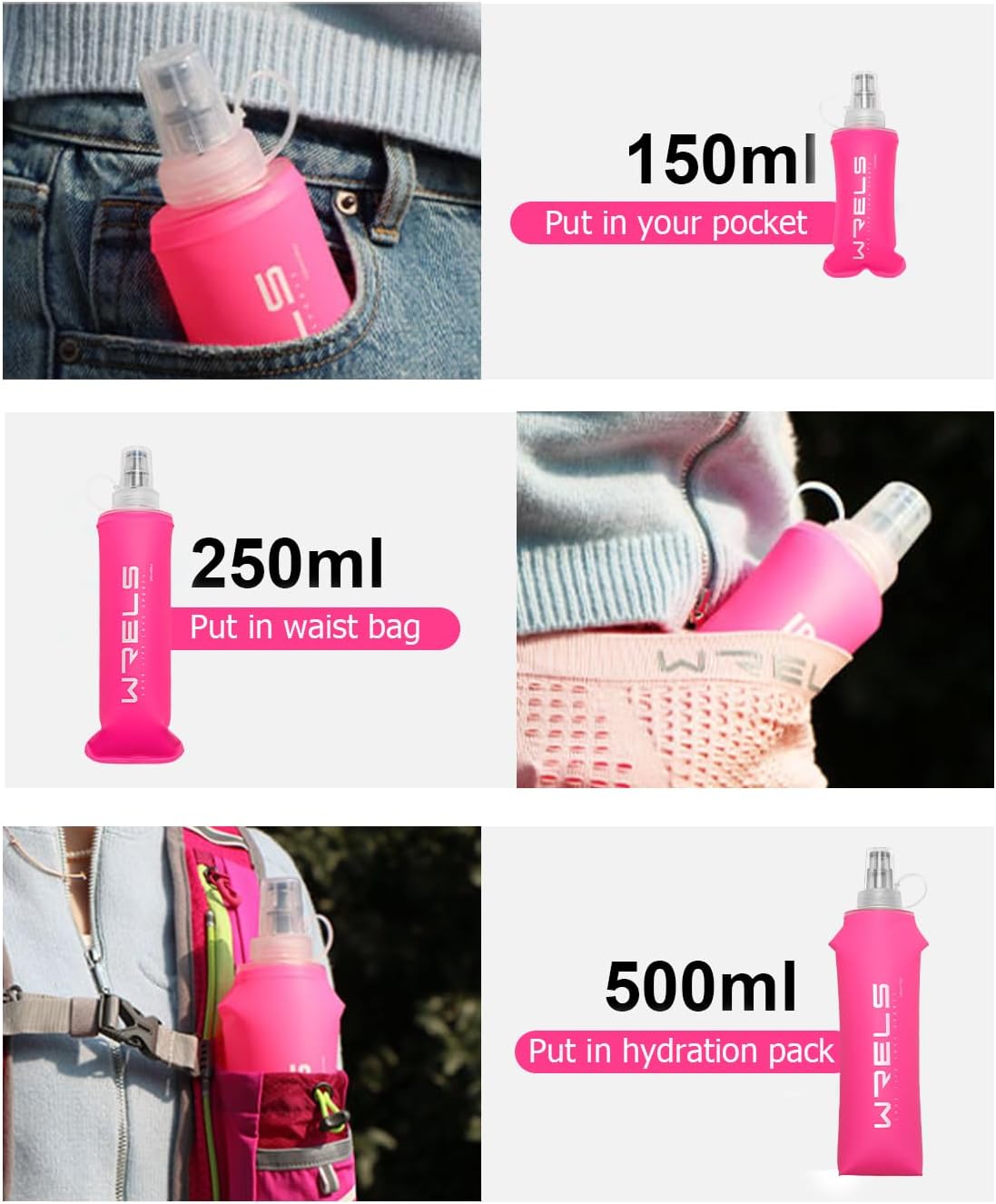 WRELS TPU Soft Flask Lightweight Portable Reusable Water Bottle,BPA Free Collapsible Flask for Hydration Pack in Running Hiking Cycling and Marathon