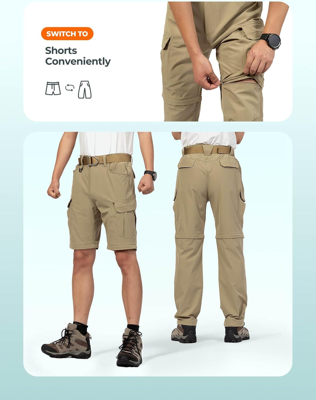 Men's Convertible Hiking Pants with 7 Pockets, Zip-Off Quick-Dry