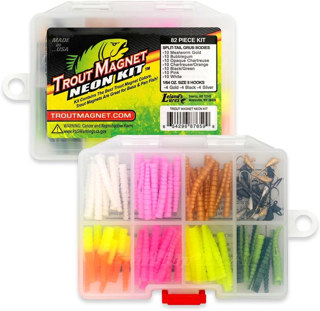 Trout Magnet 82-Piece Neon Fishing Gear Kit, Includes 70 Grub Bodies Trout Bait and 12 Size 8 Hooks