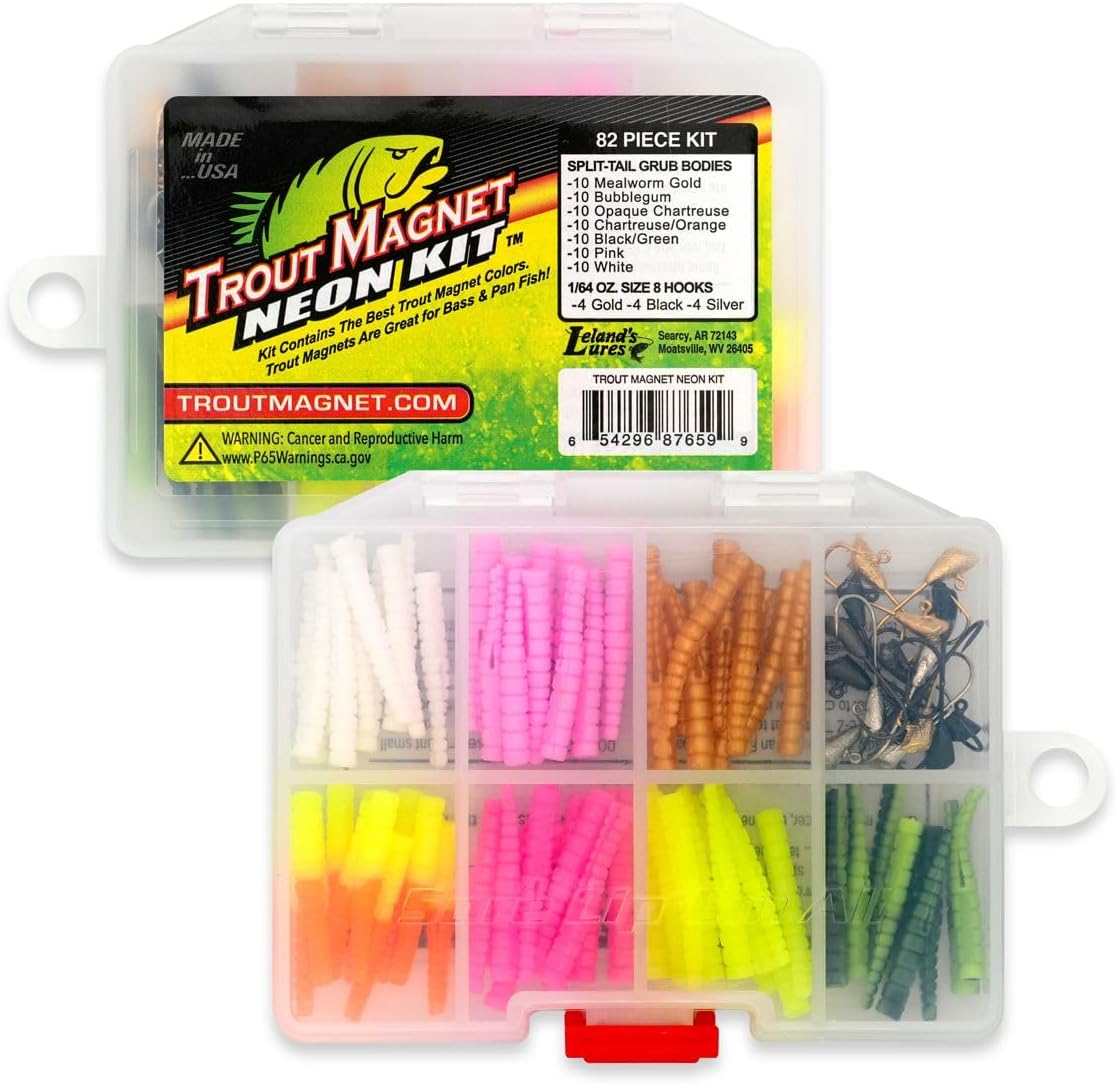Trout Magnet 82-Piece Neon Fishing Gear Kit, Includes 70 Grub Bodies Trout Bait and 12 Size 8 Hooks