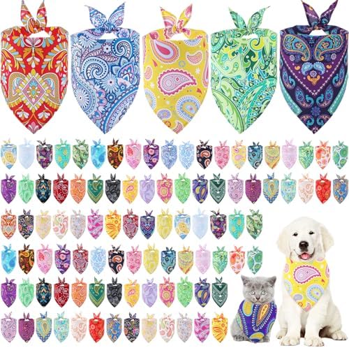 Sanwuta 100 Pcs Summer Paisley Hawaiian Dog Bandana Bulk Pet Triangle Scarf Bibs Bandanas for Dog Washable Kerchief Adjustable Grooming Supplies for Small Medium Large Seasonal Cat Costume Accessories