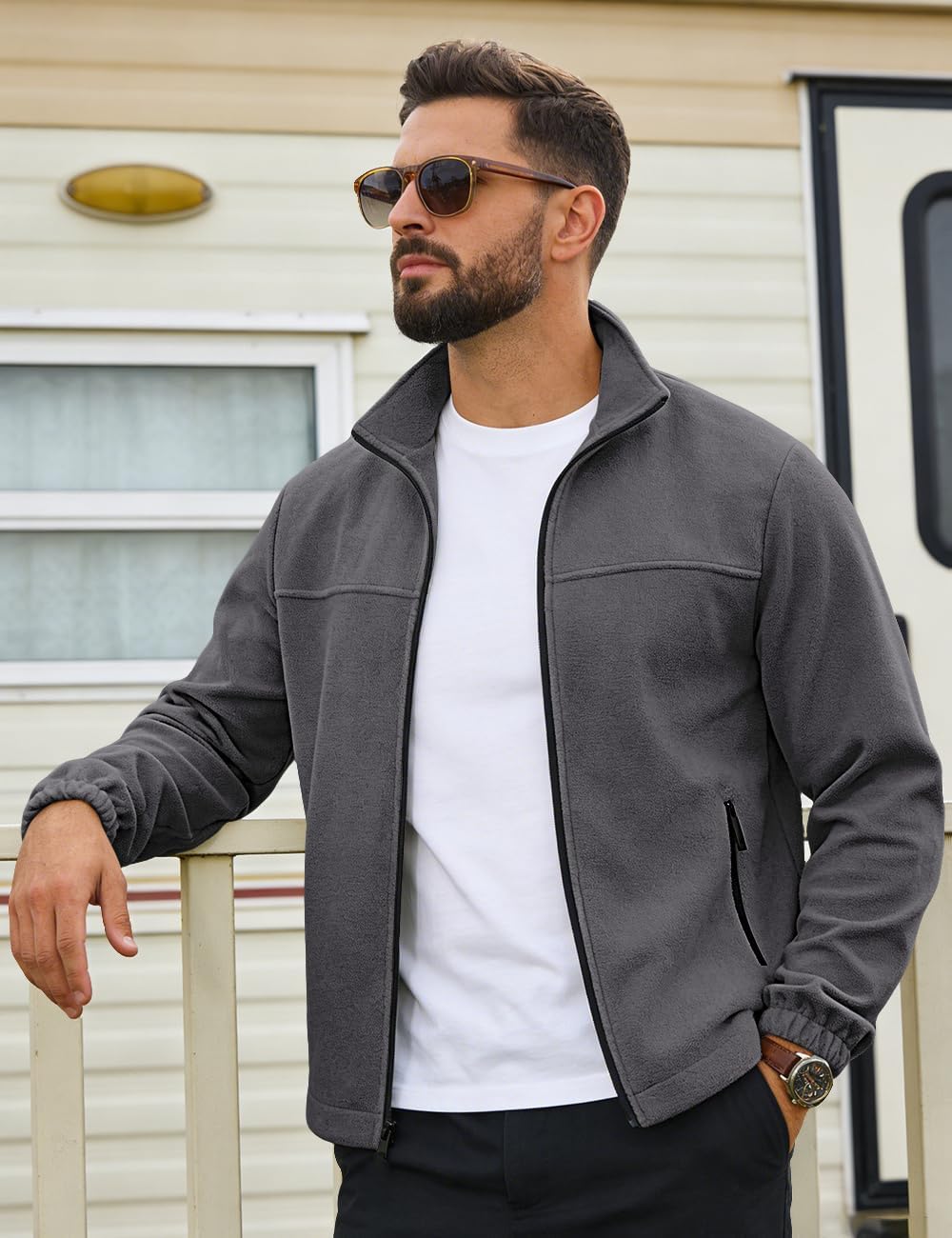 Mens Polar Fleece Jacket Full Zip Lightweight Casual Outdoor Jackets Stand Collar Warm Coats with Pockets
