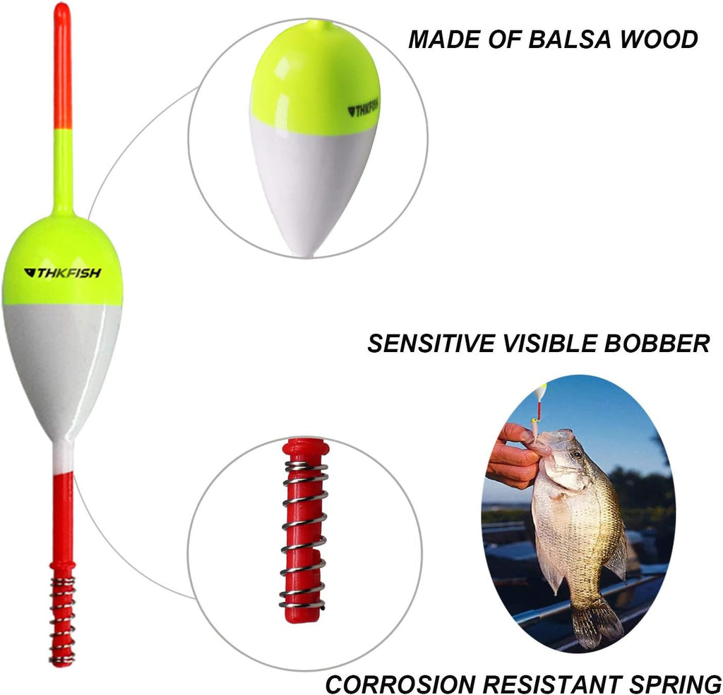 THKFISH Balsa Wood Spring Bobbers with Oval Slip Bobbers, Fishing Floats