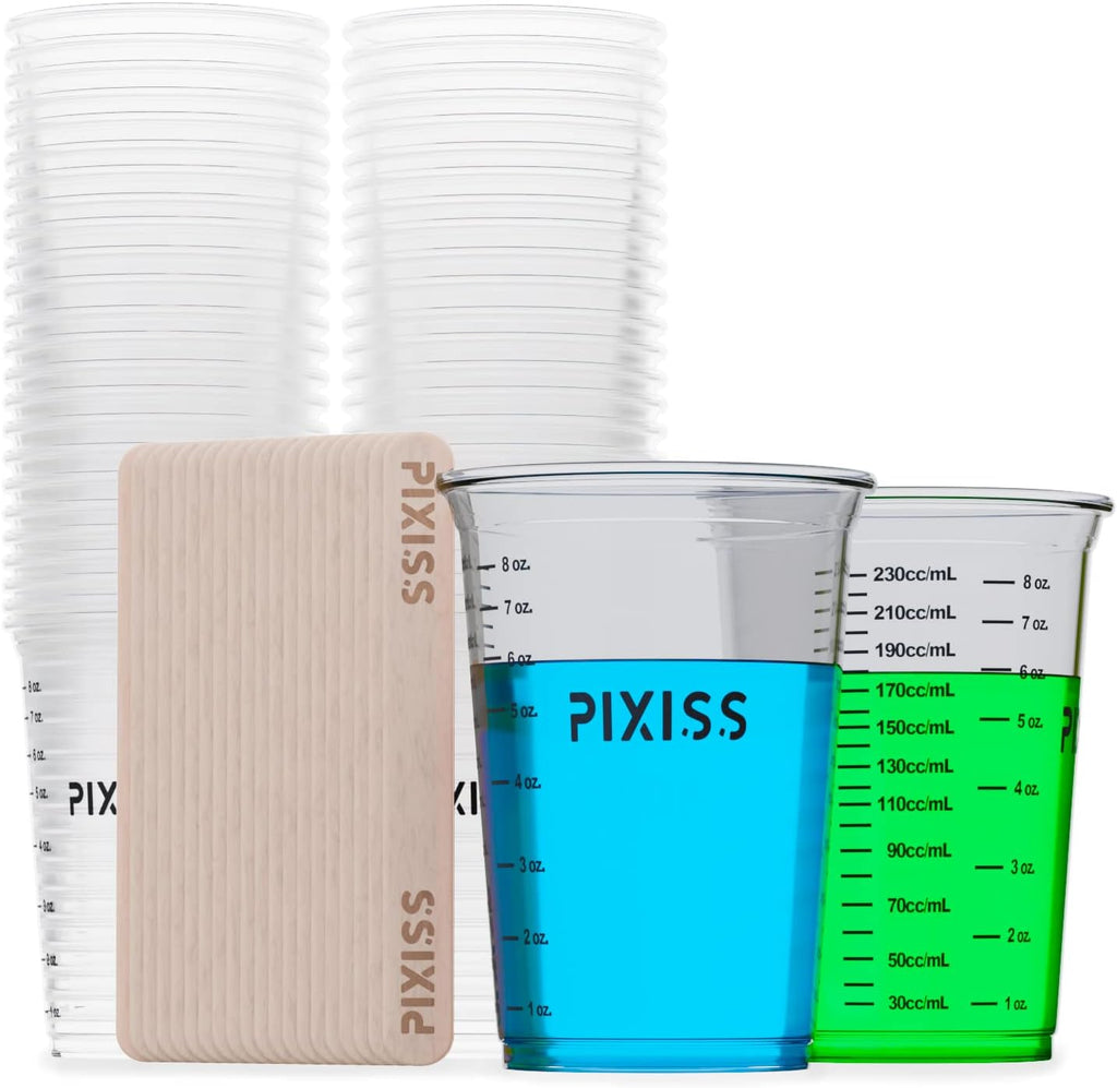 Pixiss Disposable Epoxy Resin Mixing Cups with Measurements (50-Pack) Mixing Cups for Mixing Containers, Epoxy Cups For Epoxy Measuring Cups - 20 Resin Mixing Sticks