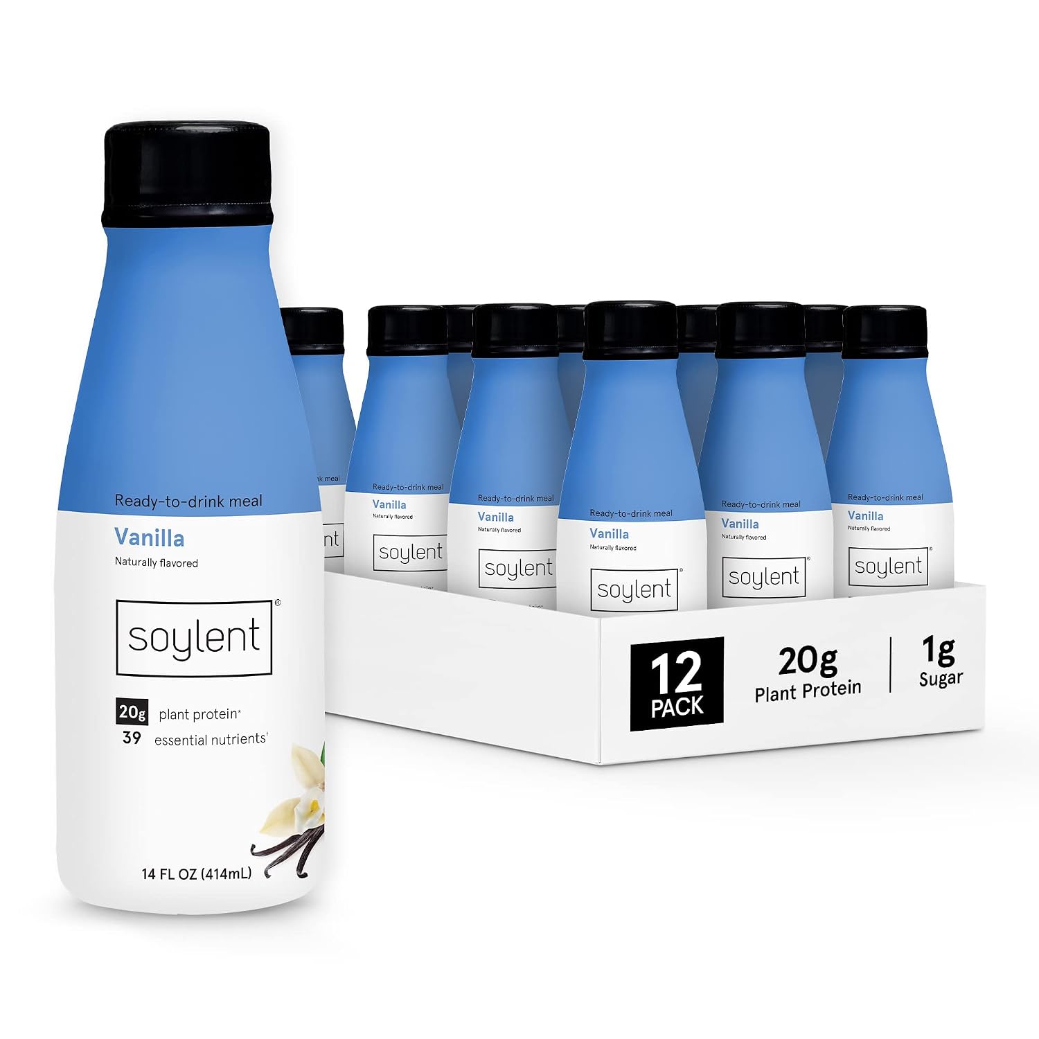 Soylent Original Meal Replacement Shake, Ready-to-Drink Plant Based Protein Drink, Contains 20g Complete Vegan Protein and 1g Sugar, 14oz, 12 Pack