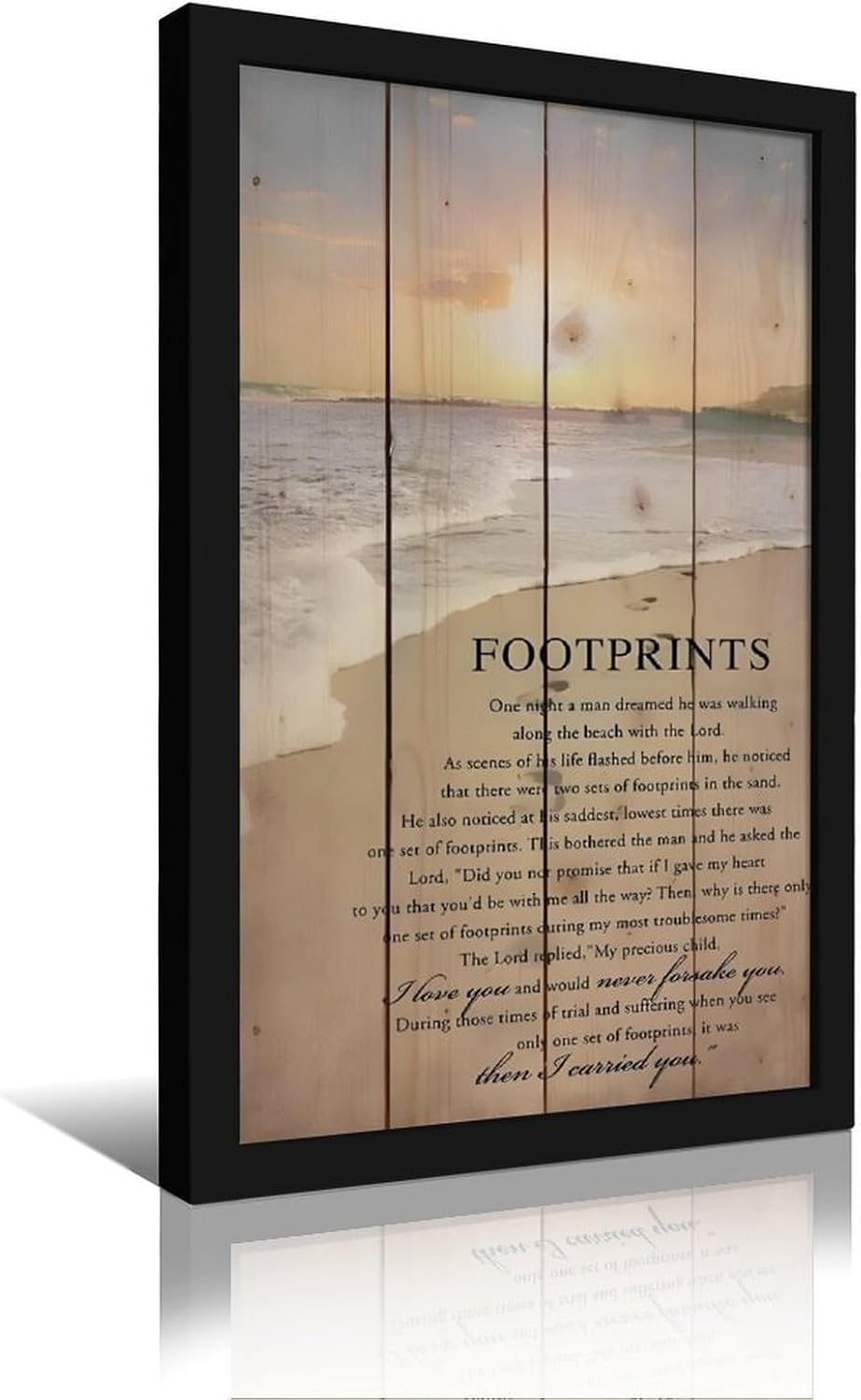 Footprints in the Sand Religious Canvas Wall Art Posters, Inspirational Beach Sunset Poem Print Poster (Black Framed 16x24inch, Footprints(1))