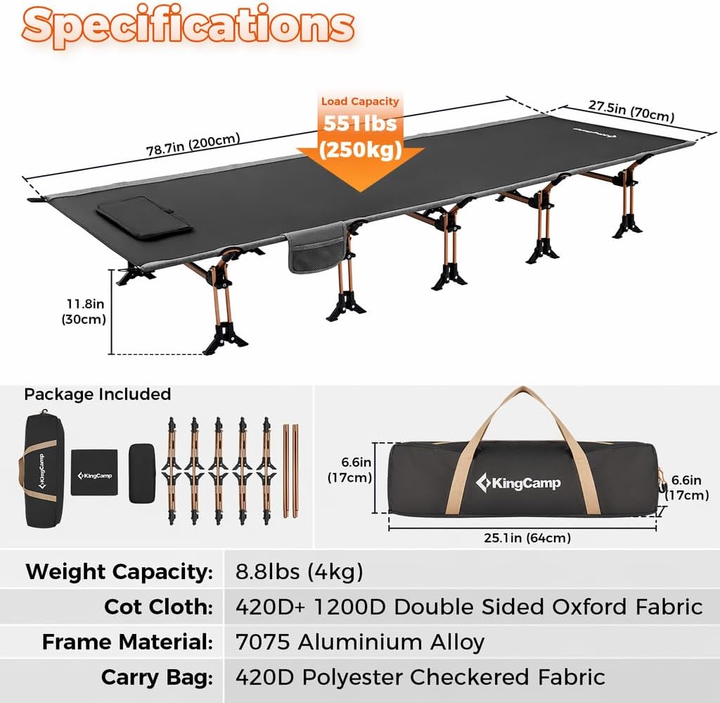 KingCamp 551Lbs Camping Cot for Adults, 78.7" Lightweight Camping Bed