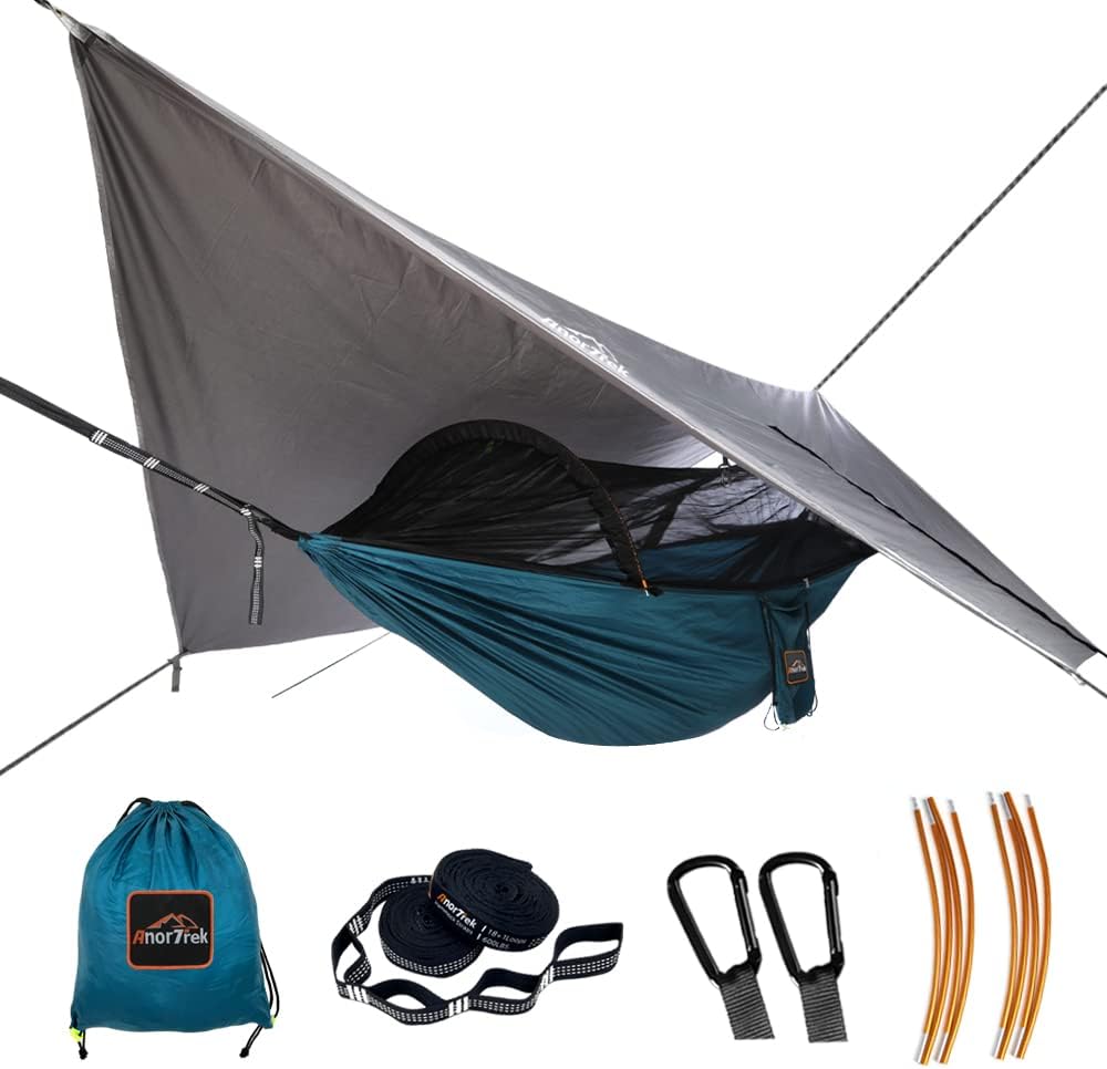 AnorTrek Professional Camping Hammock with Mosquito Net, Lightweight Portable Double Hammock with Two 10 FT Hammock Tree Straps, 230T Nylon Hammock for Camping, Hiking, Yard, Backpacking