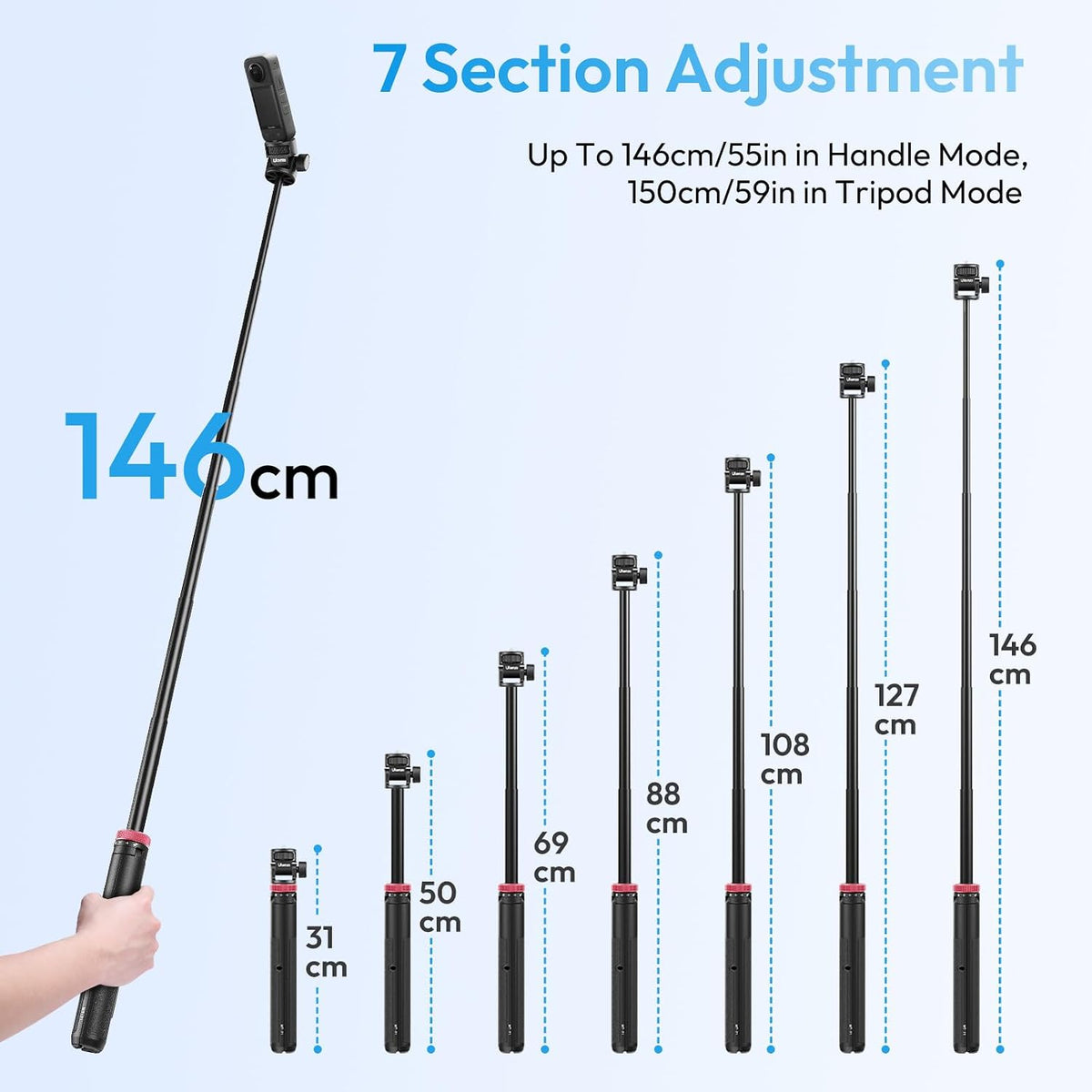 ULANZI MT-71 Tripod Selfie Stick & Vlog Handle with Magnetic Quick Release&1/4'' Screw, 59in Extendable Lightweight Tripod Stand (7-Section) for DJI Pocket 3/Insta360 X5 X4 X3 Series