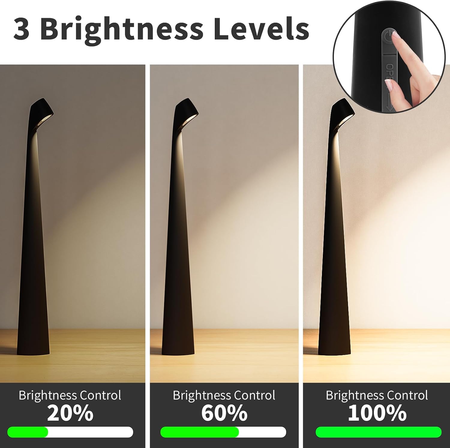 HAPYGI Cordless Rechargeable Reading Metal Table Lamp, 3-Level Brightness