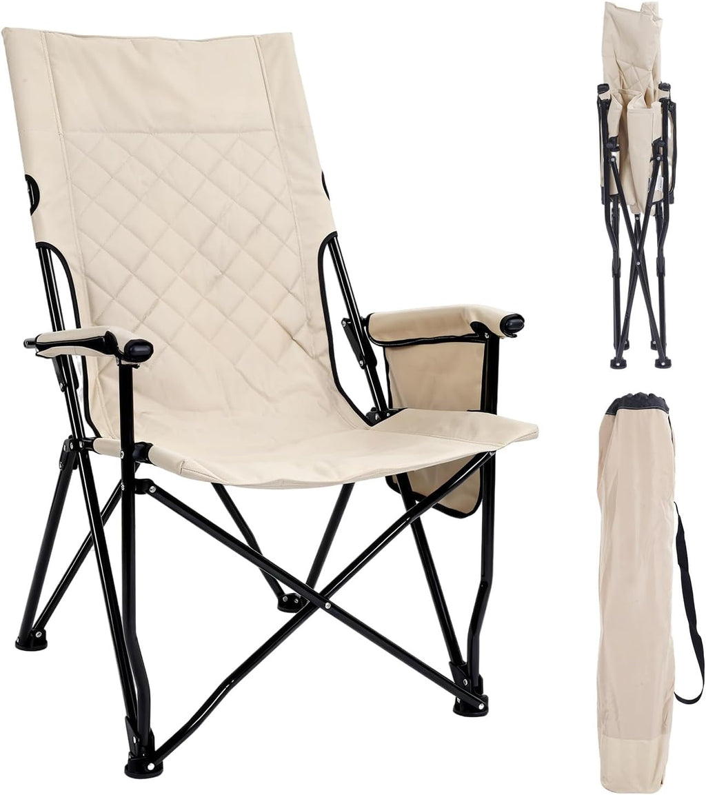 Folding Camping Chair, High Back Padded Portable Camp Chair with Storage Bag, 600D Oxford Fabric Comfortable Chair for Outdoor Camping, Beach, Fishing (Khaki)
