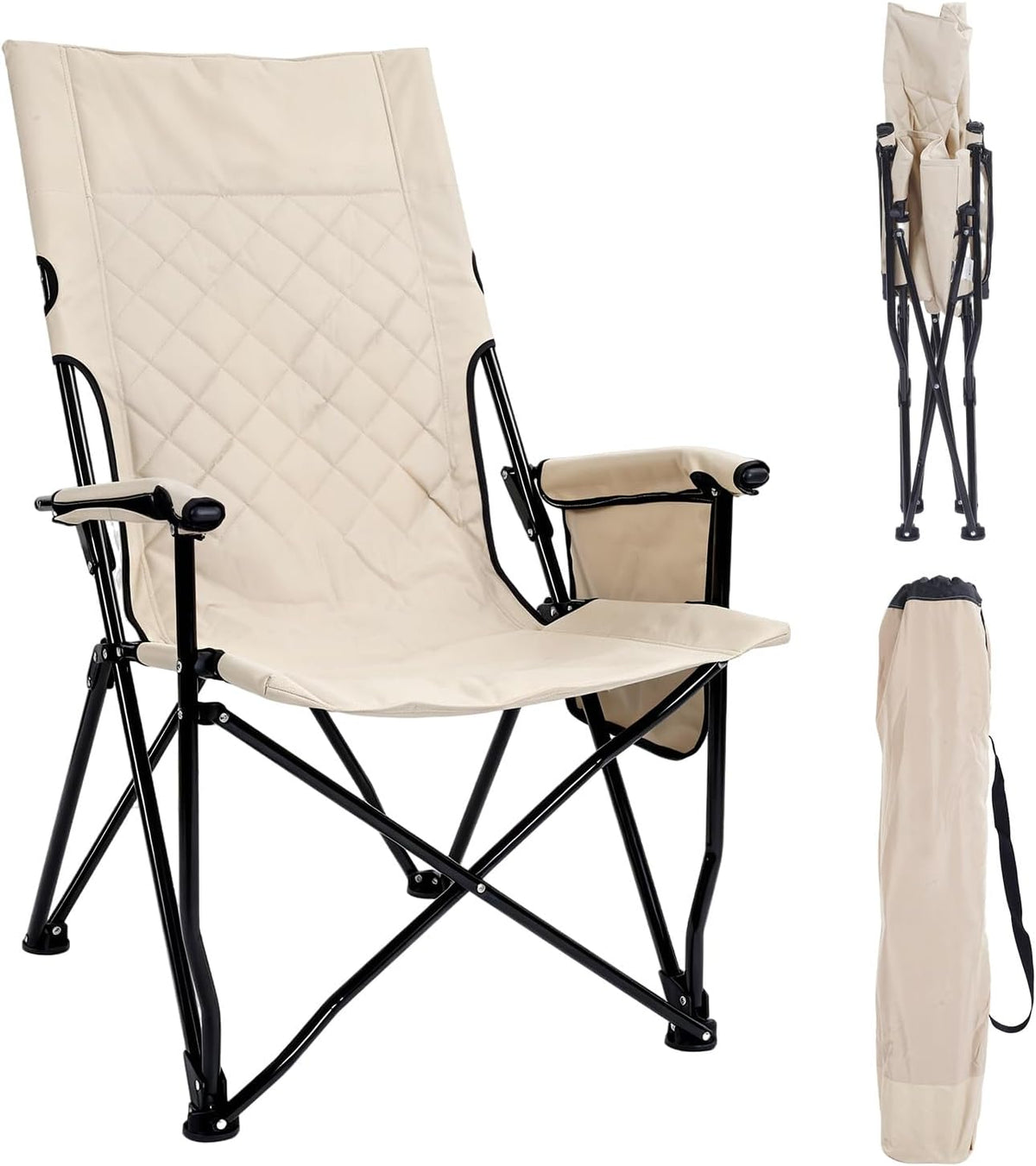 Folding Camping Chair, High Back Padded Portable Camp Chair with Storage Bag, 600D Oxford Fabric Comfortable Chair for Outdoor Camping, Beach, Fishing (Khaki)