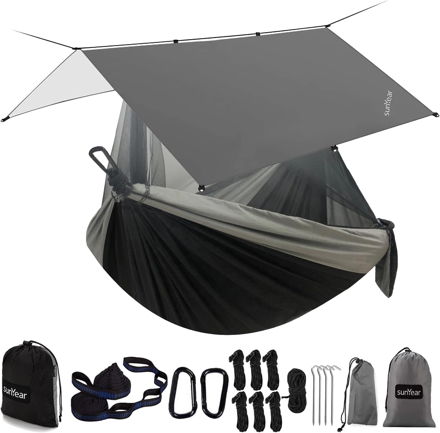 Sunyear Hammock Camping with Rain Fly Tarp and Net, Portable Camping Hammock Double Tree Hammock Outdoor Indoor Backpacking Travel & Survival, 2 Tree Straps,100% Waterproof Black/Grey Bundle