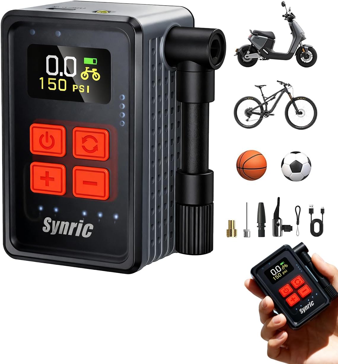Mini Bike Tire Pump, 150PSI Fast Inflate Bike Pump with Gauge, Auto Stop, Portable Electric Air Pump with Presta & Schrader Valve, 360° Flexible Hose for Mountain Bike, Road Bike, E-Bike