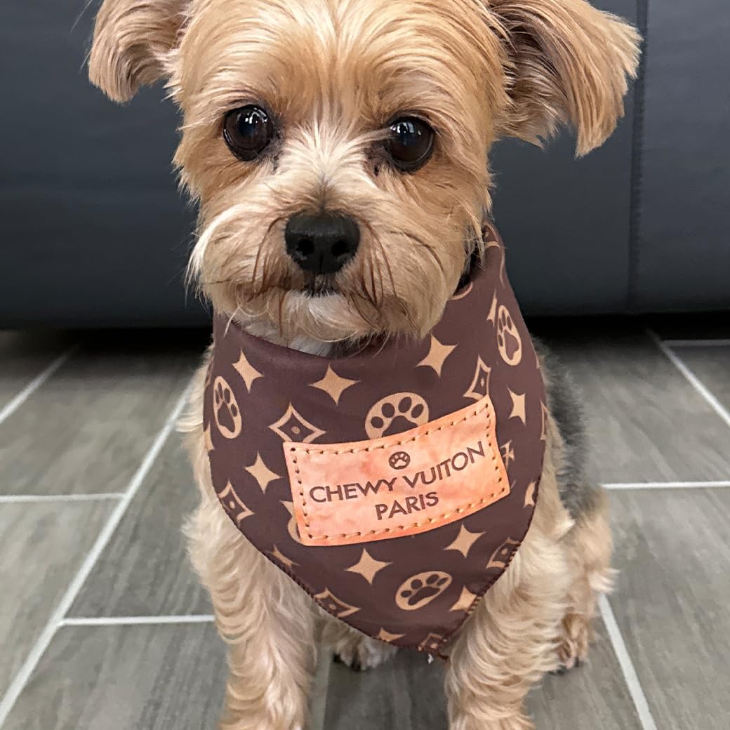 Chewy Vuiton Dog Bandana Designer Fashion Scarf Kerchief for Small Medium and Large Dogs, Funny Parody Gift for Girl or Boy Dog, Soft Durable Fabric, Adjustable Tie-On Style Triangle