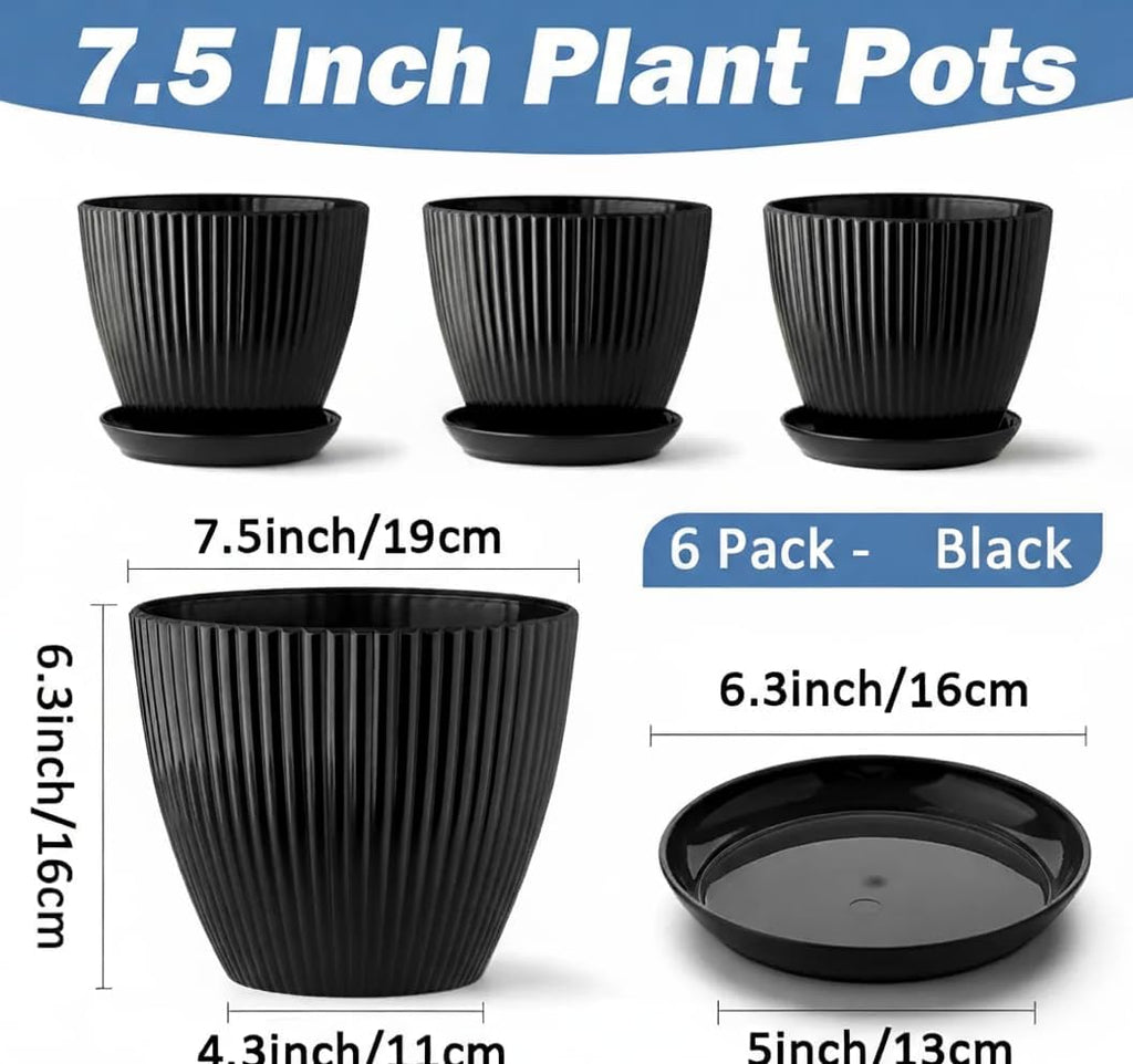 RooTrimmer 7.5in Black Plastic Pots with Saucers, 6 Pack Seed Planters