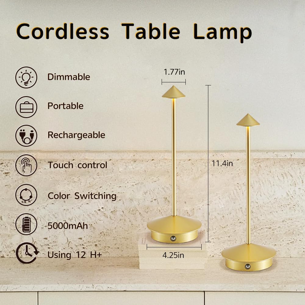 EJQ 2 Pack LED Rechargeable Cordless Table Lamps,Portable Outdoor 5000mAh Battery Operated Table Light Touch Control 3 Color Dimmable for Patio/Cofee/Restaurant/Camping/Dining/Bedroom-Gold