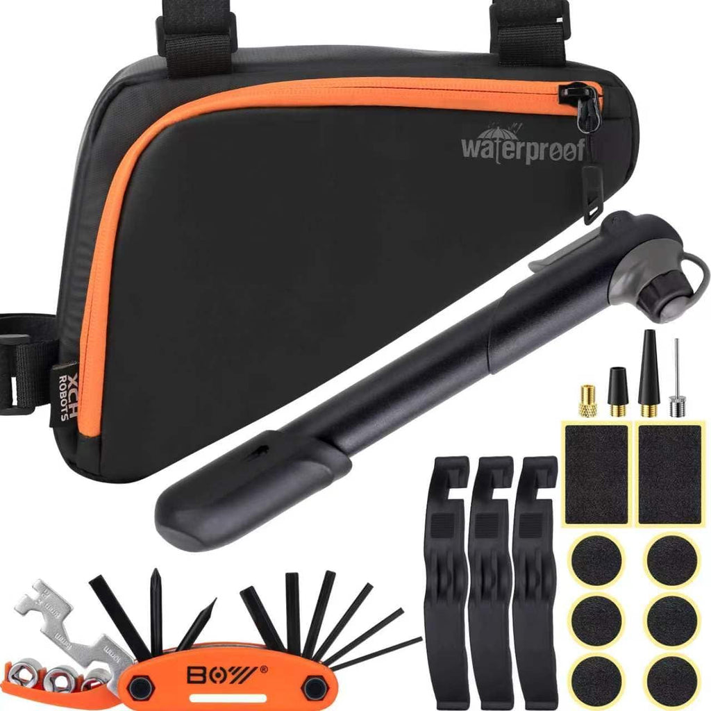 Bicycle Frame Repair Bag with Tire Patch and Inflate Pump - Portable Travel Emergency Tool Kit, Bike Accessories for Adult Bikes with IPX4 Waterproof