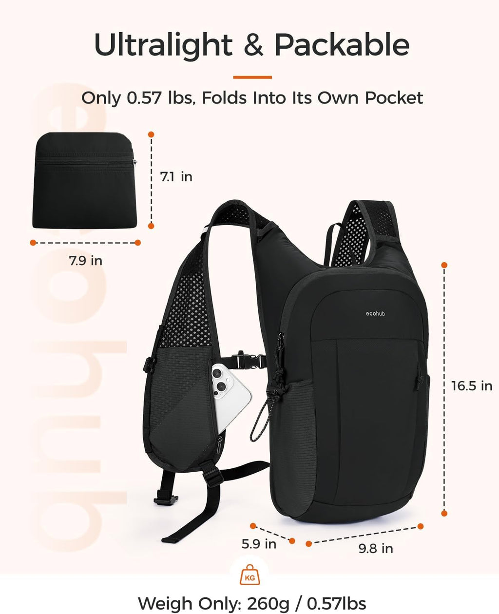 ECOHUB Small Hiking Daypacks Men 15L Lightweight Backpack for Travel Black