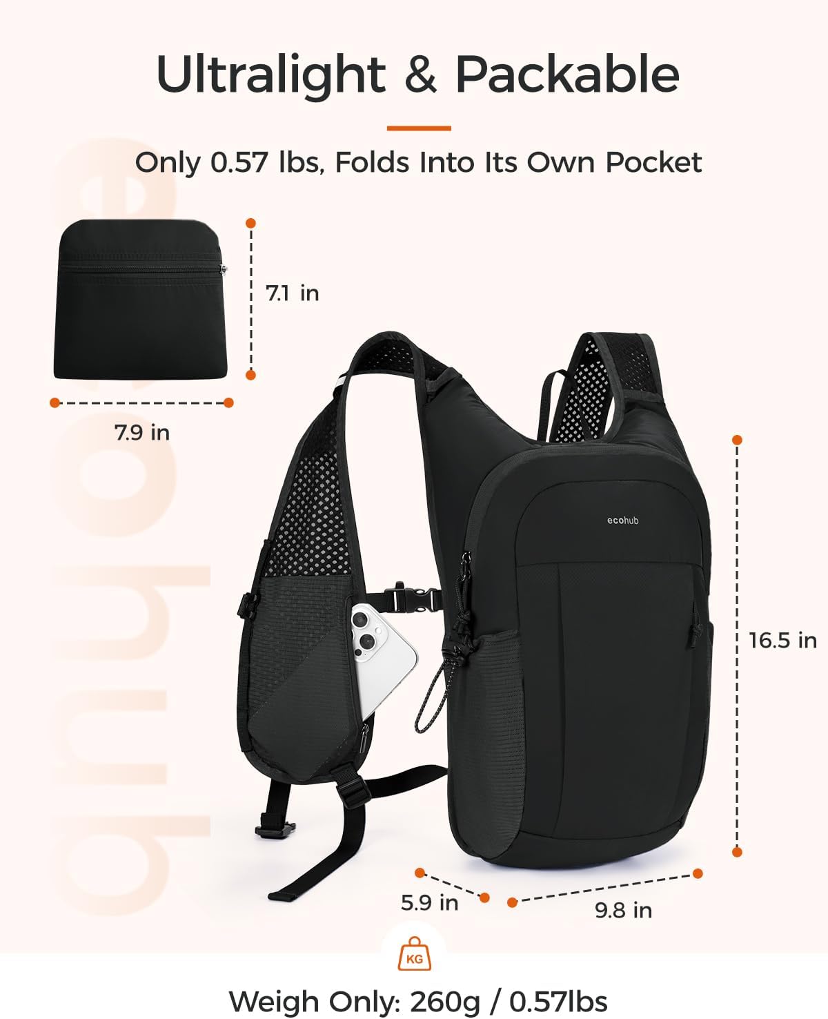 ECOHUB Small Hiking Daypacks Men 15L Lightweight Backpack for Travel Black