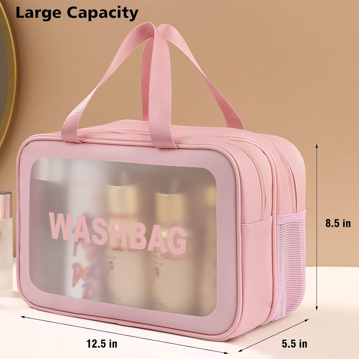 DAPOWER Travel Toiletry Bag for Women, Matte Translucent Toiletry Bag with Handy Handle, Makeup Cosmetic Organizer Bag for Travel Toiletries Accessories (Pink-XL)