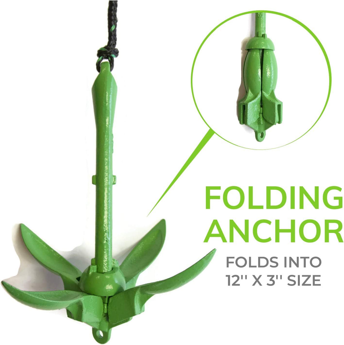 Kayak Anchor Kit - 3.5 lb, Green - Folding Grapnel Anchor with 25 ft Rope