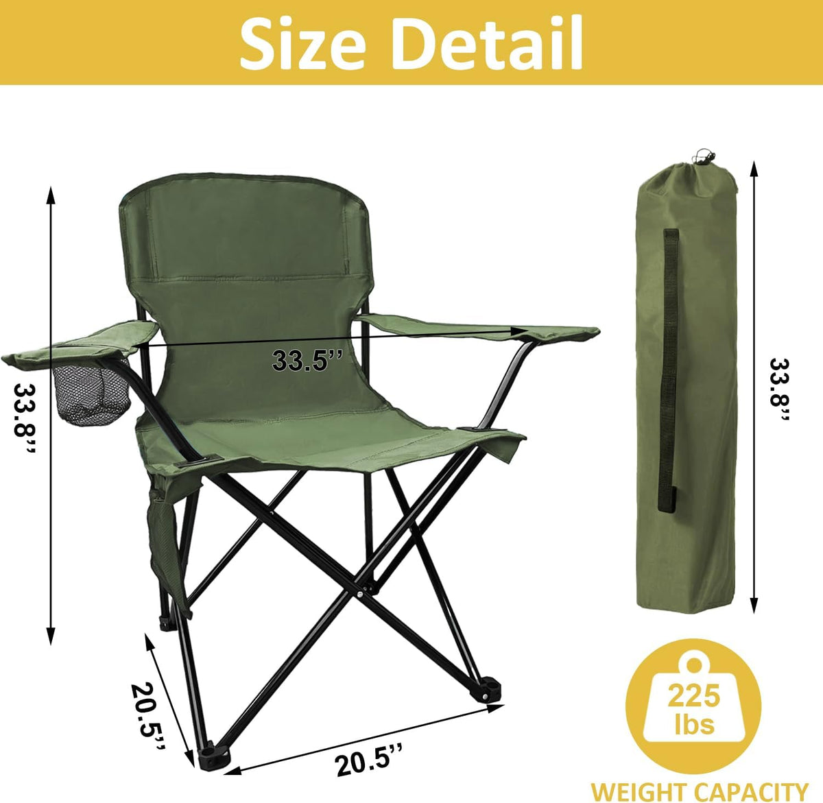Folding Camping Chair with Cup Holder & Storage Bag, 225lbs Capacity, Large Anti-Sink Feet, Breathable PE Coated Fabric for Outdoor, Hiking, Beach, Fishing, Backpacking, 2PCS Green
