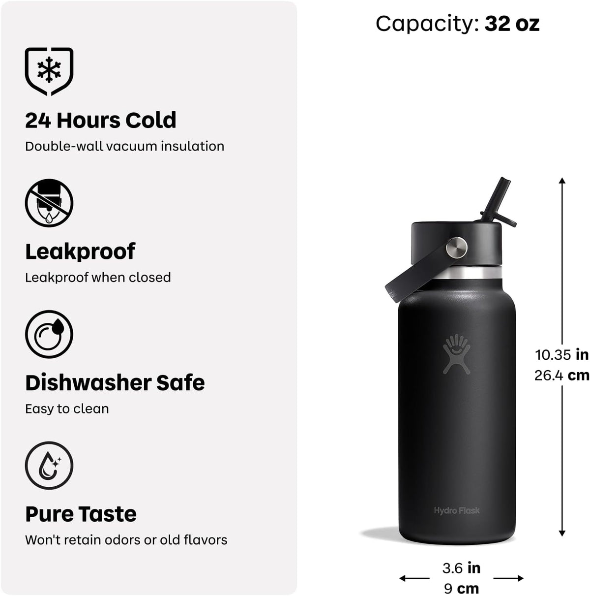 Hydro Flask Water Bottle - Insulated Stainless Steel - Wide Mouth Flex Straw Lid, Non Spill, Leakproof and Refillable in 32 Oz Deep Teal