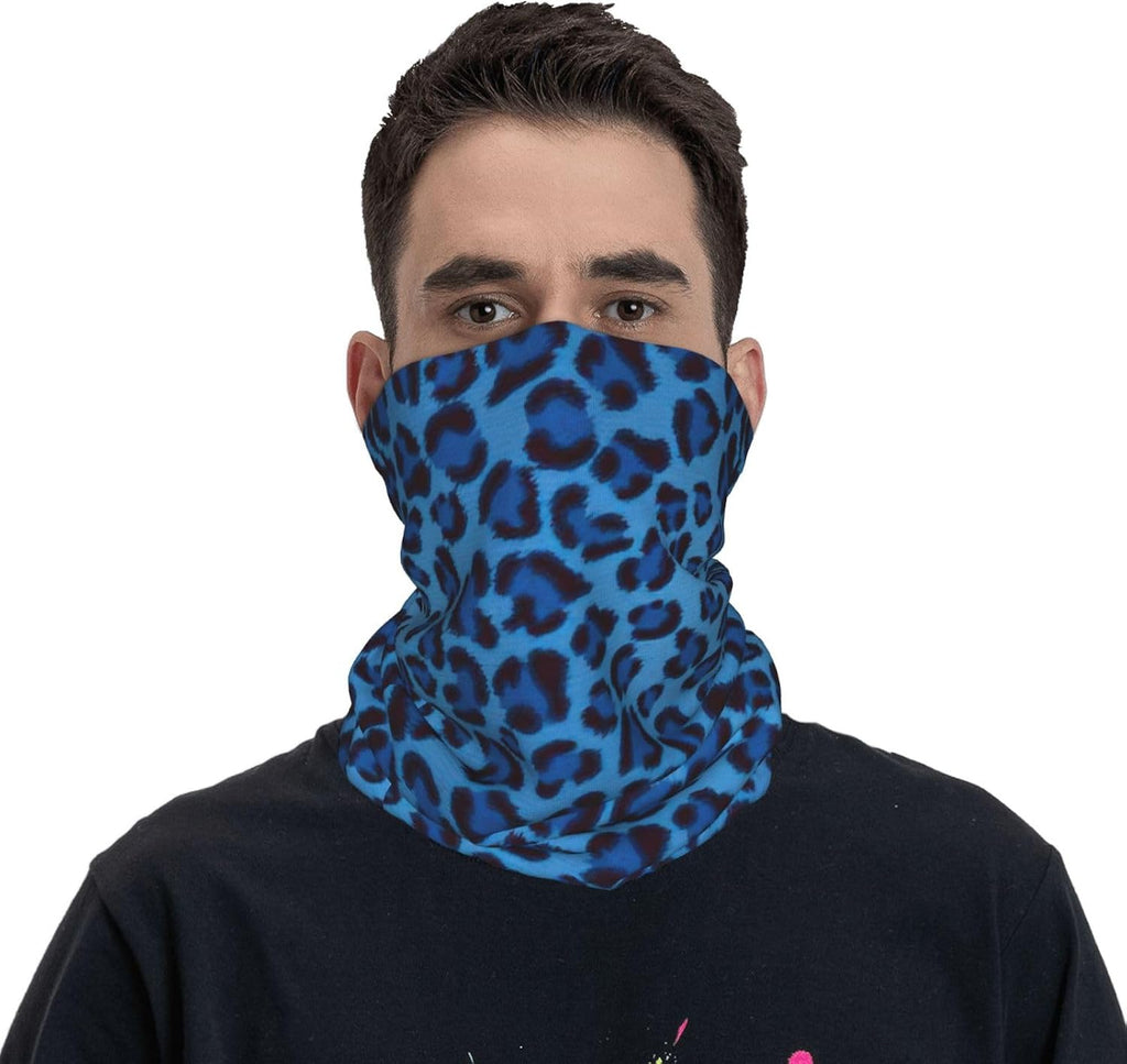 Neck Gaiter Blue Polyester Leopard Print Seamless Breathable Face Mask for Outdoor Sports, Unisex