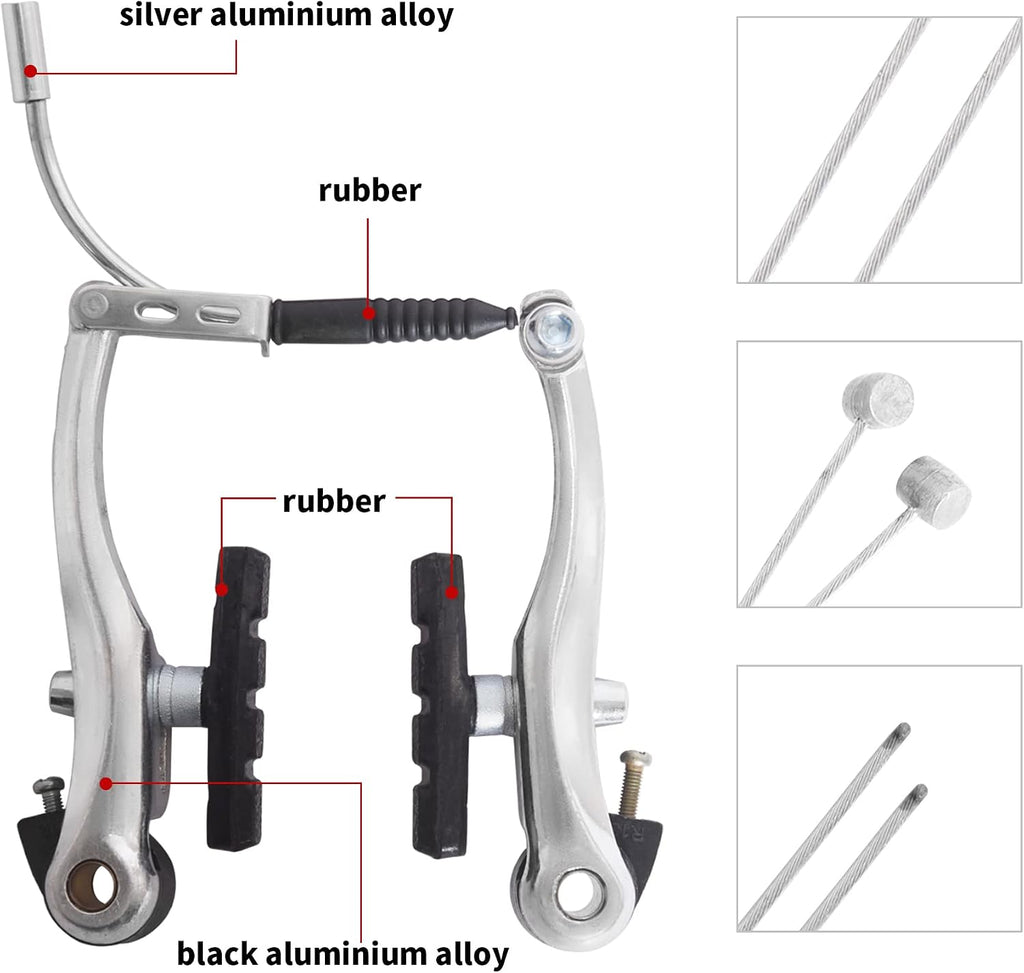 Gashwer V-Type Bike Brakes Set, Complete Universal Bike Front and Rear MTB Bicycle Brake, Inner and Outer Callipers Cables Lever Kit with Multi-Tool Wrenches Silver
