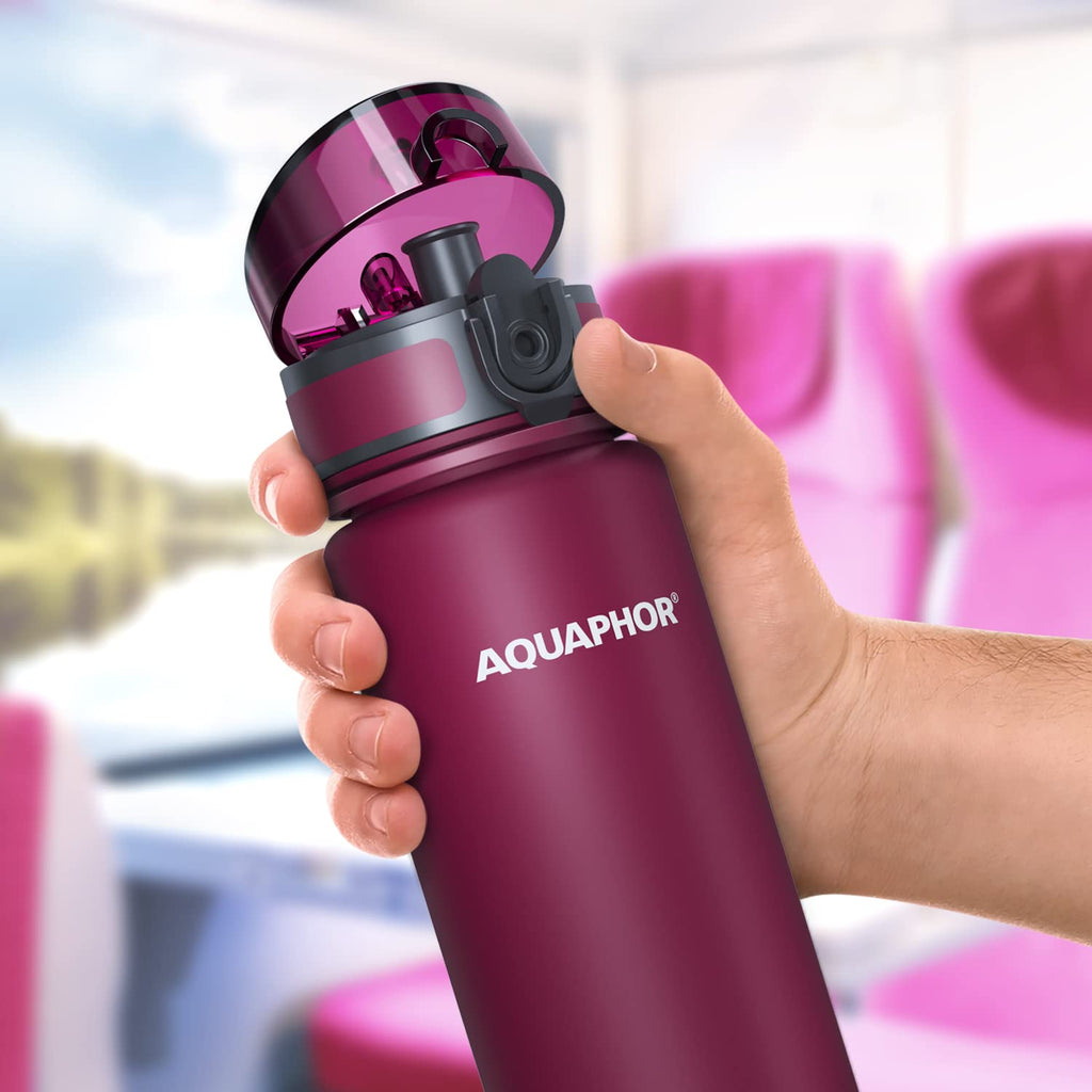 AQUAPHOR City Water Filter Bottle 17 oz | Reusable & Portable Filtered Water Bottle | BPA-Free | Perfect for Camping, Travel, Indoor & Outdoor Use | Ruby Red