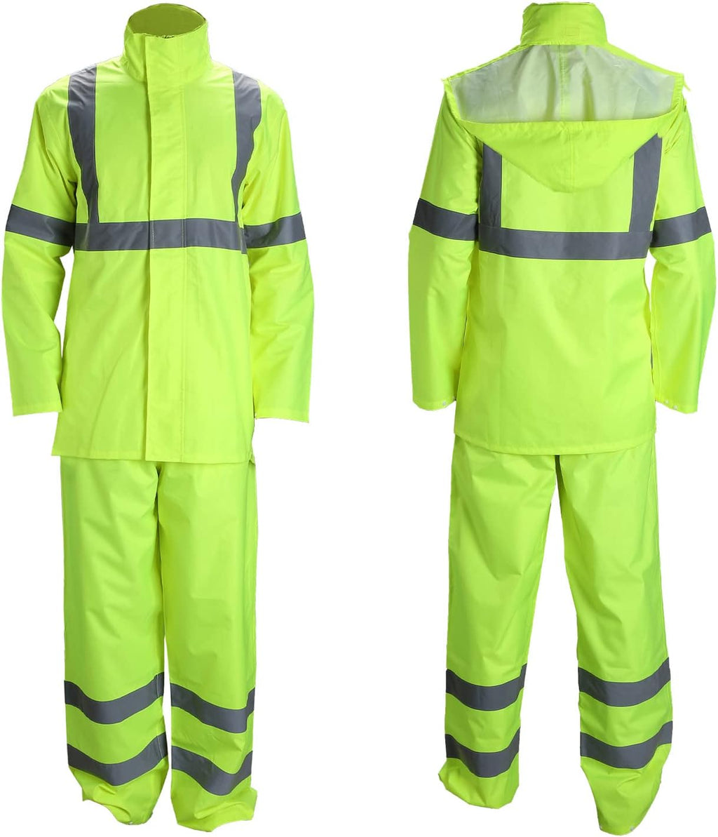 FONIRRA Class 3 High Visibility Rain Suit With Collapsible Hood Lime Reflective Safety Waterproof Worker Jacket & Pants (L/XL Yellow)