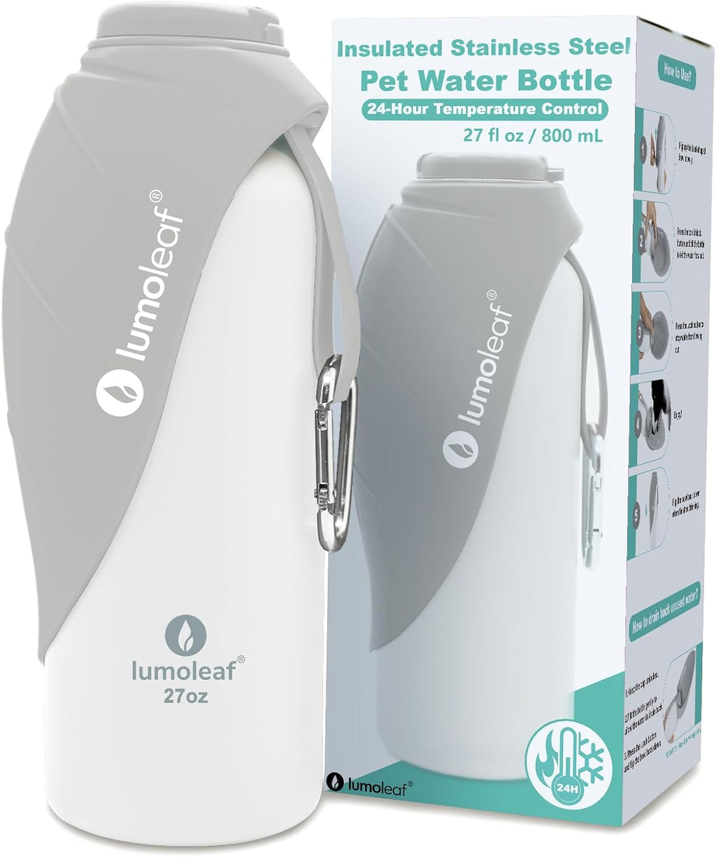 LumoLeaf Insulated Dog Water Bottle 27 oz Stainless Steel - Keep Water Cool or Warm, Portable Pet Water Bowl for Travel, Wide Mouth for Easy Ice Filling & Cleaning