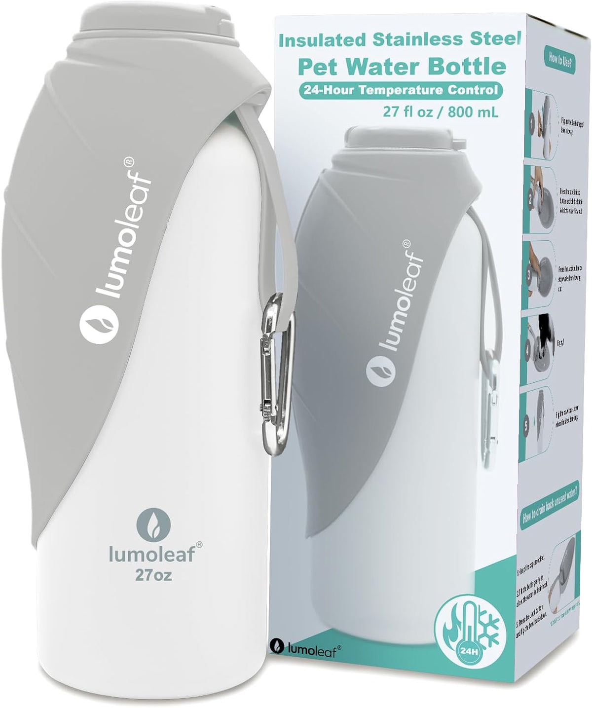 LumoLeaf Insulated Dog Water Bottle 27 oz Stainless Steel - Keep Water Cool or Warm, Portable Pet Water Bowl for Travel, Wide Mouth for Easy Ice Filling & Cleaning