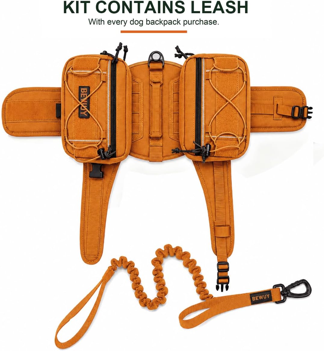 Tactical Dog Backpack for Medium Large Dogs, Reflective Pack Harness with Storage, Poop Bag Pocket, Includes Free Anti-Pull Leash (Orange, L)
